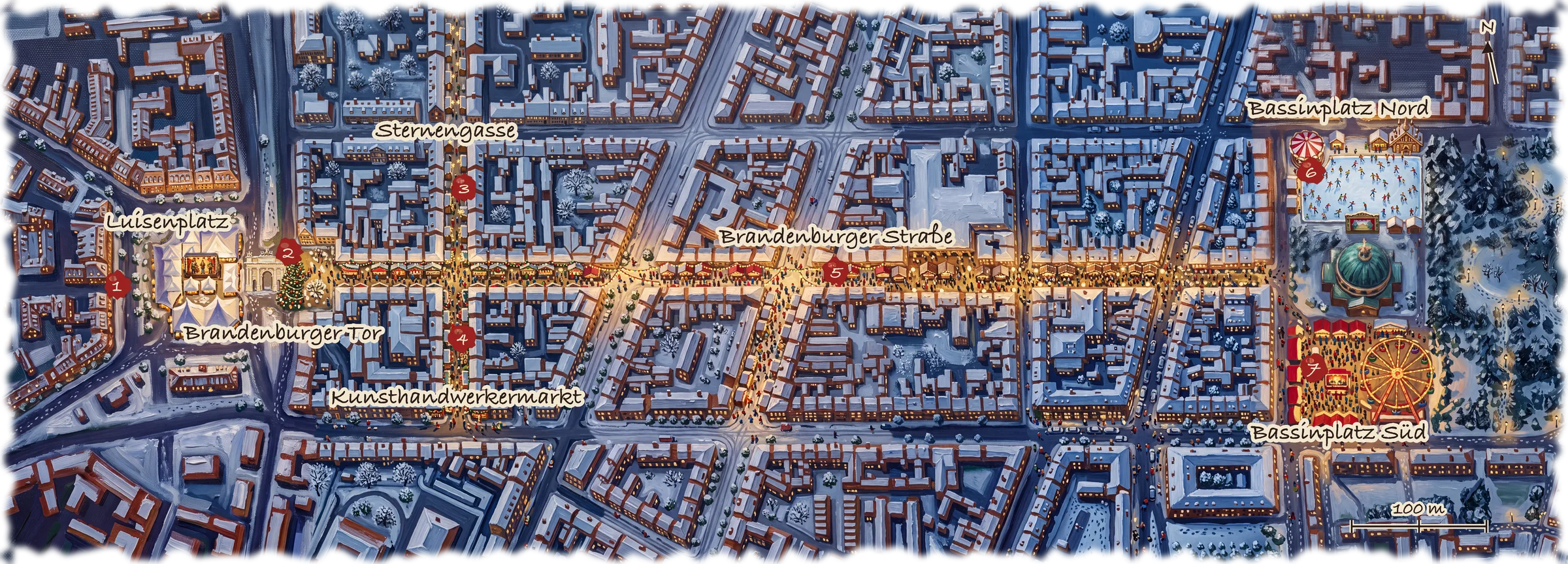 Gemalter Lageplan des Potsdamer Weihnachtszaubers: vom Luisenplatz durch das Brandenburger Tor und die Brandenburger Straße bis zum Bassinplatz, mit Sternengasse und Kunsthandwerkermarkt in der Hermann-Elflein-Straße