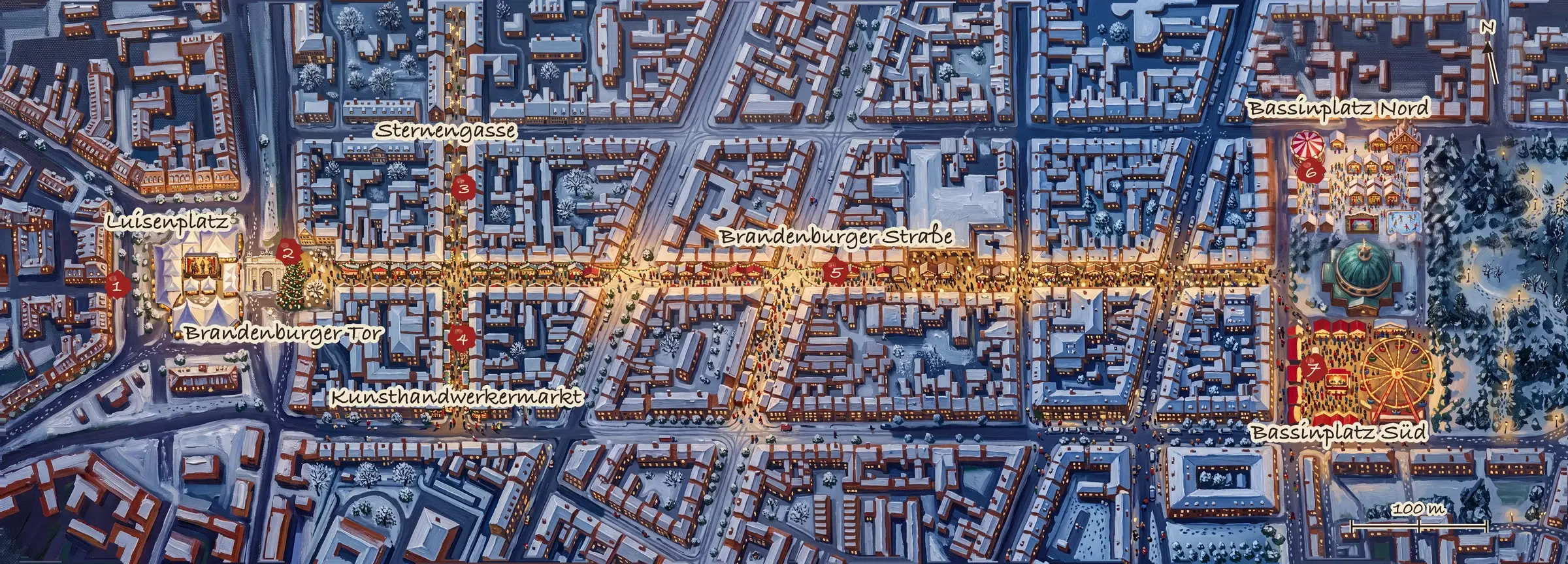 Gemalter Lageplan der Potsdamer Innenstadt mit den sieben Orten des Weihnachtszaubers